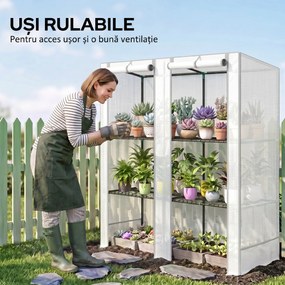Outsunny Seră de Grădină cu 2 Uși Rulabile, Raft cu 3 Niveluri și Buzunare Laterale, Alb și Gri | Aosom Romania