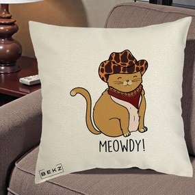 Perna Decorativa Pisica Cowboy Meowdy, 40x40 cm, Ecru, Husa Detasabila, Perna Inclusa, BEKZ®