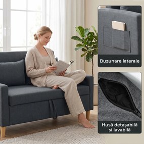 HOMCOM Canapea 2 Locuri din Țesătură Efect In cu 2 Perne Detașabile și Spațiu de Depozitare, Gri Închis | Aosom Romania