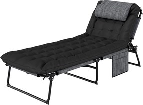 Outsunny Șezlong pliabil pentru grădină cu pernă, spătar reglabil în 4 poziții, buzunar lateral, negru | Aosom Romania