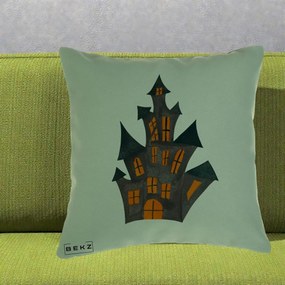 Perna Decorativa Halloween Casa Bantuita Minimalista, 40x40 cm, Verde, Husa Detasabila, Perna Inclusa, BEKZ®