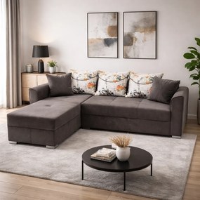 Coltar Lori, 4 locuri, cu 2 lazi de depozitare, catifea, 260x95x80 cm, culoare maro Dreapta, catifea, Maro + Crem