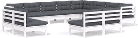 vidaXL Set mobilier grădină cu perne, 12 piese, alb, lemn masiv pin