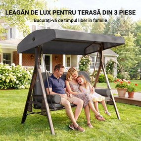 Outsunny Leagăn de Grădină pentru 3 Persoane, Bancă Balansoar cu Copertină Reglabilă și Perne, 120x208x172 cm, Gri | Aosom Romania