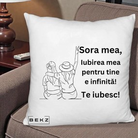 Cadou pentru Sora - Perna Personalizata Sora Mea Te Iubesc Line Art Portrete Colorate, 40x40 cm, Alb Pufos, Husa Detasabila, Perna Inclusa, BEKZ®
