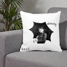 Perna Personalizata Wednesday Addams cu Umbrela Foto, 40x40 cm, Alba Mata, Husa Detasabila, Perna Inclusa, BEKZ®