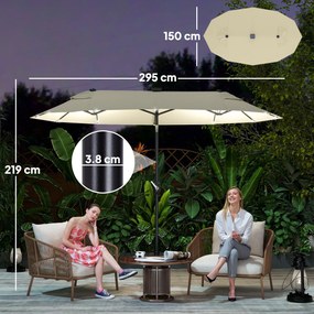 Outsunny Umbrelă Dublă Înclinabilă cu Manivelă, Lumini LED, Bază în Cruce şi Orificii de Ventilaţie, 295x150 cm, Alb Crem | Aosom Romania