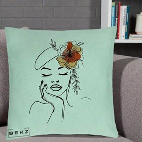 Perna Decorativa Portret Feminin Flori Palarie, 40x40 cm, Verde Menta, Husa Detasabila, Perna Inclusa, BEKZ®
