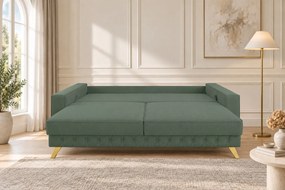 Canapea extensibilă Amara stofă, verde ou de rață, picioare aurii, cu ladă de depozitare