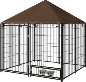 PawHut Gard pentru Câini din Metal cu Ușă pentru Boluri, Gard pentru Câini de Exterior cu Acoperiș, 141x141x151 cm, Negru și Maro