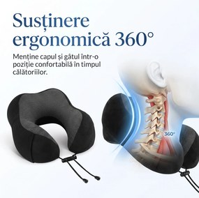 Perna de calatorie cervicala memory foam pentru gat, husa catifea, Negru/Gri