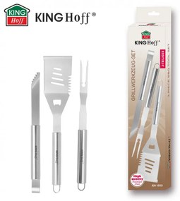 Set 3 ustensile pentru gratar Kinghoff KH 1919, Spatula, Furculita, Furculita, Otel inoxidabil, Inox