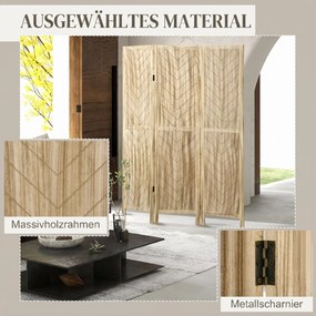 HOMCOM Separator de Cameră cu 3 Panouri, Ecran de Confidențialitate Pliabil Portabil pentru Interior din Lemn Masiv, Despărțitor de Perete, 120x170x1.6 cm, Natural