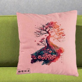 Perna Decorativa Copac Sakura Acuarela Fantasy, 40x40 cm, Roz, Husa Detasabila, Perna Inclusa, BEKZ®
