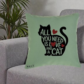 Perna Personalizata All You Need is Love and a Cat, 40x40 cm, Verde, Husa Detasabila, Perna Inclusa, BEKZ®