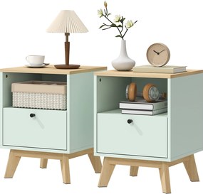 HOMCOM Set de 2 noptiere, noptiere cu sertar și compartiment deschis, 40 x 40 x 55 cm, stejar și verde deschis | Aosom Romania