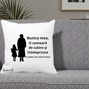 Cadou pentru Bunica - Perna Personalizata Bunica Mea Comoara Iubire Intelepciune Silueta, 40x40 cm, Alba Mata, Husa Detasabila, Perna Inclusa, BEKZ®