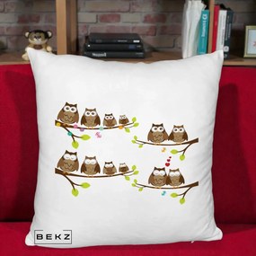Perna Decorativa Familie de Bufnite pe Ramuri, 40x40 cm, Alb Pufos, Husa Detasabila, Perna Inclusa, BEKZ®