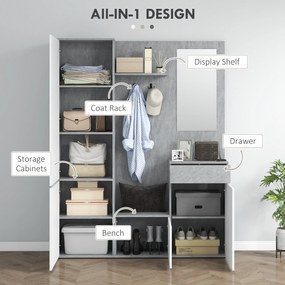 HOMCOM Mobilier 4 în 1 cu Oglindă, Cuiere și Rafturi Interioare Reglabile, Mobilier Multifuncțional, 145x29x184 cm, Gri | Aosom Romania