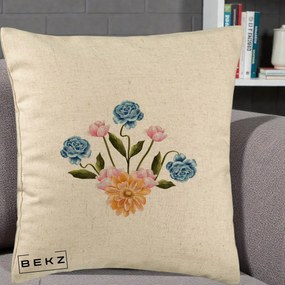 Perna Decorativa Buchet Primavara Acuarela, 40x40 cm, Bej, Husa Detasabila, Perna Inclusa, BEKZ®