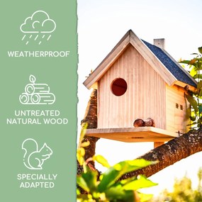 Căsuță pentru veveriță, alimentator, hibernare, 4 intrări, lemn de pin, netratat, realizat manual