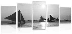 Tablou 5-piese apus de soare frumos la mare în design alb-negru