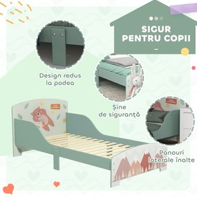 ZONEKIZ Pat pentru Copii 3-6 Ani cu Margini Înălțate și Design cu Animale, 77x143x60 cm, Verde | Aosom Romania