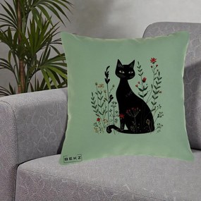 Perna Decorativa Pisica Neagra Botanica Rosu-Gri, 40x40 cm, Verde, Husa Detasabila, Perna Inclusa, BEKZ®