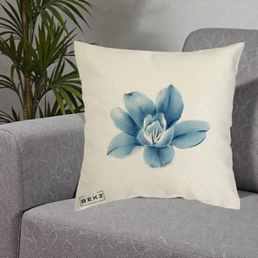 Perna Decorativa Magnolie Albastra Acuarela, 40x40 cm, Ecru, Husa Detasabila, Perna Inclusa, BEKZ®