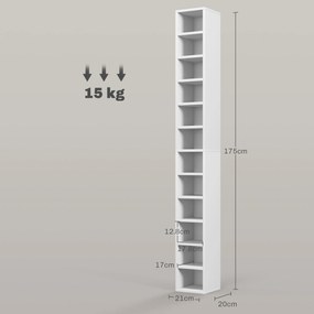 HOMCOM Raft Bibliotecă pentru CD-uri cu 12 rafturi, din MDF și panou aglomerat, 21x20x175 cm, Alb | Aosom Romania