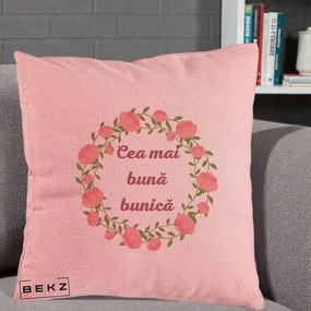 Cadou pentru Bunica - Perna Personalizata Cea Mai Buna Bunica Coronita Trandafiri Roz Clasic, 40x40 cm, Roz, Husa Detasabila, Perna Inclusa, BEKZ®