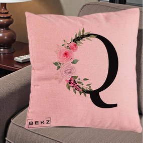 Cadou Personalizat - Perna Personalizata Monograma Florala Litera Q, 40x40 cm, Roz, Husa Detasabila, Perna Inclusa, BEKZ®
