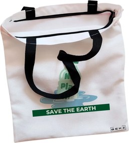Sacosa de Panza pentru Cumparaturi, Geanta Tote, model No plastic - Save the earth, Cu fermoar, 38x34.5 cm, Alba, BEKZ®