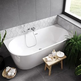 Cada freestanding Rea Sydney 160x75 cm alb lucios cu montaj dreapta lipita de perete, BTW