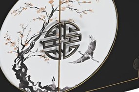 Comodă TV living din lemn, negru, cu 2 uși, 8 sertare și medalion oriental cu ramură înflorită, 51 x 130 x 26 cm, „Zenora”