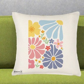 Perna Decorativa Flori Grafice Pastel Multicolor, 40x40 cm, Crem Reliefat, Husa Detasabila, Perna Inclusa, BEKZ®