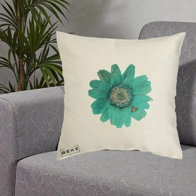 Perna Decorativa Floare Gerbera Teal Acuarela, 40x40 cm, Ecru, Husa Detasabila, Perna Inclusa, BEKZ®