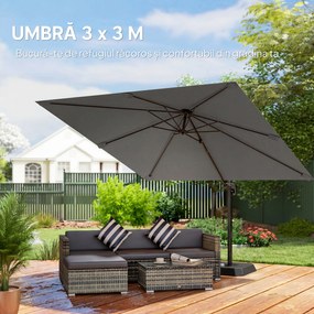 Outsunny Umbrelă Decentralizată de Grădină cu Manivelă 3x3m și Bază cu Greutăți Umplibile, Umbrelă de Exterior Pătrată Inclinabilă și Rotativă 360°, din Aluminiu pentru Terasă sau Piscină, UV30+, Gri Închis | Aosom Romania