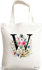 Sacosa de Panza pentru Cumparaturi, Geanta Tote, Cu litera W in Coronita Florala, 38x34.5 cm, Alba, BEKZ®