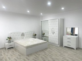 Dormitor Viena, culoare alb, cu pat tapitat 160 x 200 cm, dulap cu 2 usi, comoda cu oglinda, 2 noptiere