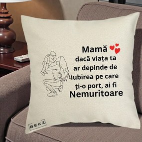Cadou pentru Mama - Perna Personalizata Mama Nemuritoare Portret Graphic, 40x40 cm, Ecru, Husa Detasabila, Perna Inclusa, BEKZ®