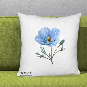 Perna Decorativa Mac Albastru Acuarela, 40x40 cm, Alb Pufos, Husa Detasabila, Perna Inclusa, BEKZ®