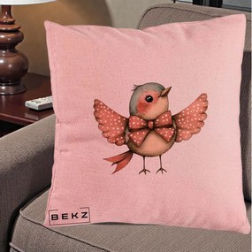 Perna Decorativa Pasare Roz cu Aripi si Fundita, 40x40 cm, Roz, Husa Detasabila, Perna Inclusa, BEKZ®