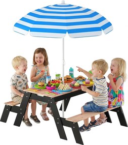 AIYAPLAY Masă de picnic pentru copii cu parasolar, set de grădină din lemn 3 în 1 pentru copii 3-6 ani cu 2 cutii, natural | Aosom Romania