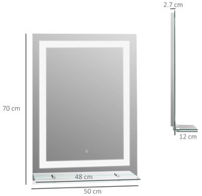 Oglinda de Baie LED touch cu raft modern pentru bai turcesti 70 x 50 cm Argintiu kleankin | Aosom RO