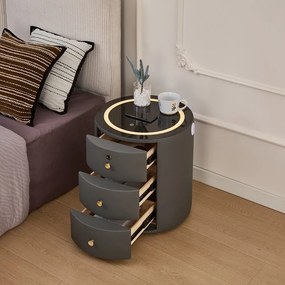 LUMÉRA – Noptieră Inteligentă cu Deblocare prin Amprentă, Încărcare Wireless, Iluminare LED în 3 Culori, USB + Type-C, Blat din Sticlă Securizată, 3 Sertare, Gri