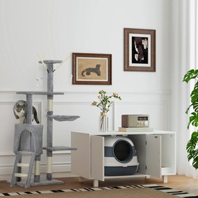 PawHut Turelă pentru pisici cu căsuță, stâlp de ascuțit gheare, platforme și 4 șoricei, din lemn, pluș și sisal, 50x35x134.2 cm, gri | Aosom Romania