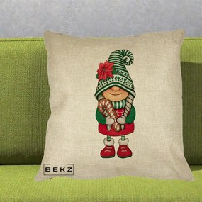Perna Decorativa Gnom Craciun Verde cu Bomboane si Floare, 40x40 cm, Crem, Husa Detasabila, Perna Inclusa, BEKZ®