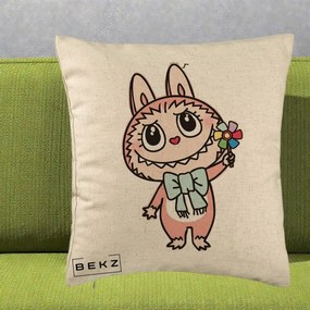 Perna Personalizata Labubu Roz cu Morisca, 40x40 cm, Bej, Husa Detasabila, Perna Inclusa, BEKZ®