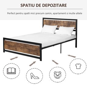 HOMCOM Cadru Pat Matrimonial din Lemn si Otel 160x200cm, Sipci Integrate si Tetiera in Stil Industrial, Negru Maro Rustic